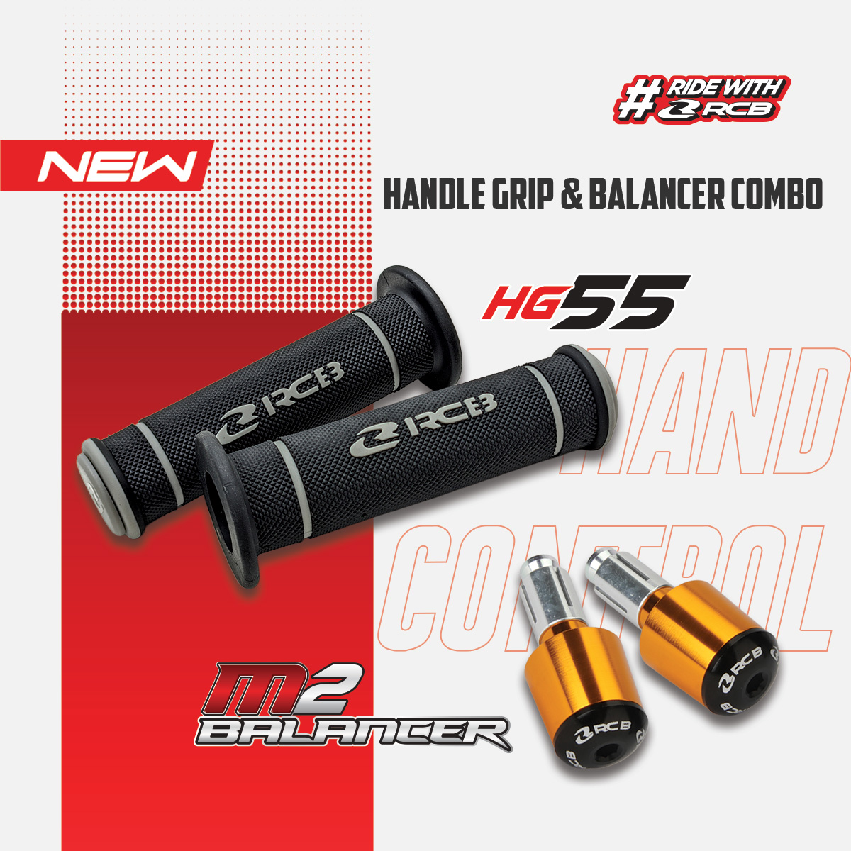 HG55+M2-COMBO RCB HG55 Universal Rubber Handle Grips & M2 Handlebar End Balancer Combo - Image 1