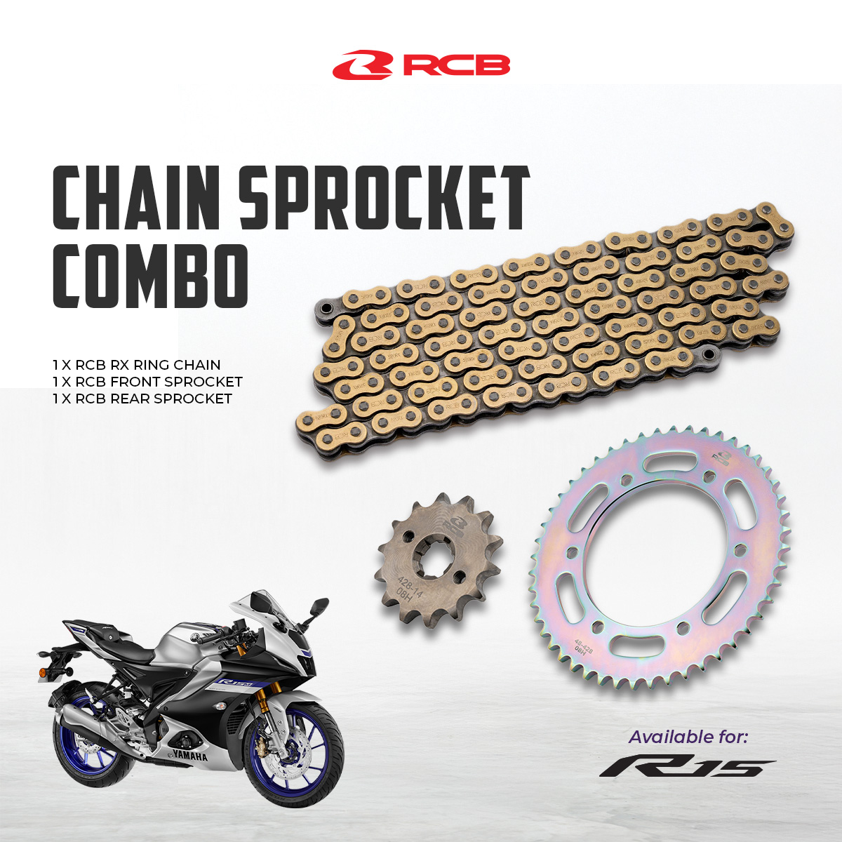 R15-CHAIN-COMBO RCB 428 Heavy-Duty RX-Ring Gold Chain & E-Series Sprocket Kit – Yamaha R15 V3 / V4 / M - Image 1