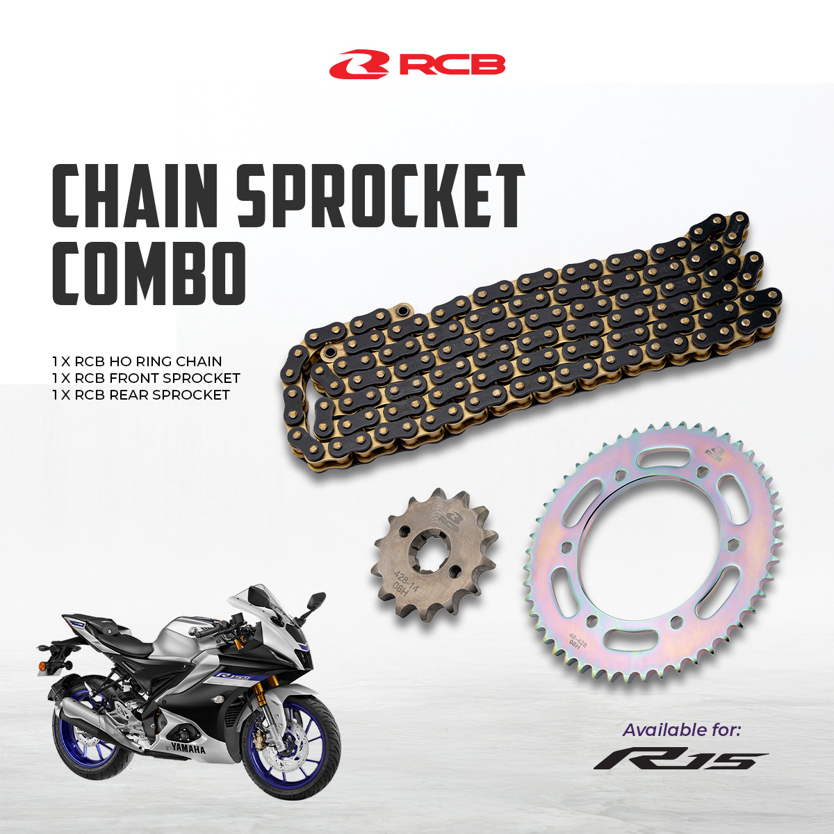 R15-CHAIN-COMBO_HO-RING RCB 428 Black & Gold HO-Ring Chain & E-Series Sprocket Kit – Yamaha R15 V3 / V4 / M - Image 1